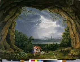 Aeneas und Dido flüchten vor dem Unwetter in eine Grotte