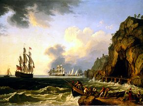 A British warship and other ships in the bay of Na de Jacob Philipp Hackert