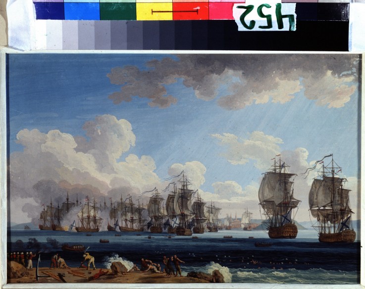The naval Battle of Chesma on 5 July 1770 de Jacob Philipp Hackert