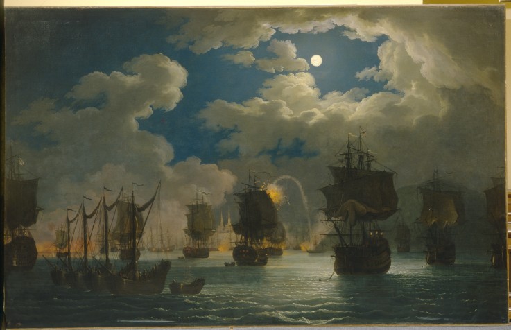 The naval Battle of Chesma on the night 26 July 1770 de Jacob Philipp Hackert