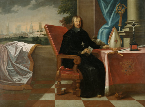 Sitzbildnis des Fürstbischofs Christoph Bernhard von Galen mit Herrschaftsattributen, im Hintergrund de Jacob Quinchard