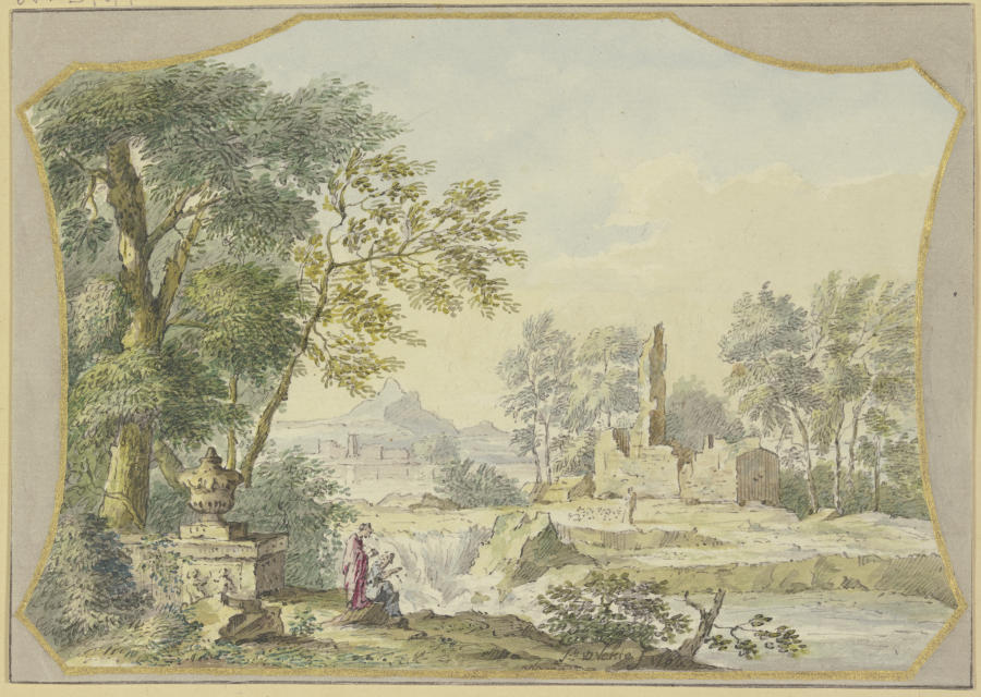 Landschaft mit einer Ruine, links bei einer Vase unter Bäumen zwei Figuren de Jacob van de Velde