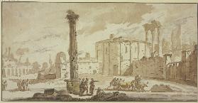 Von Ruinen umstandener Platz mit einer frei stehenden Säule, die Rotunde dem Tempel des Hercules Vic