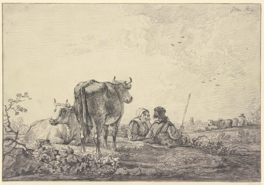 Hirtenpaar auf einer Weide bei der Rinderherde lagernd de Jacob van Strij