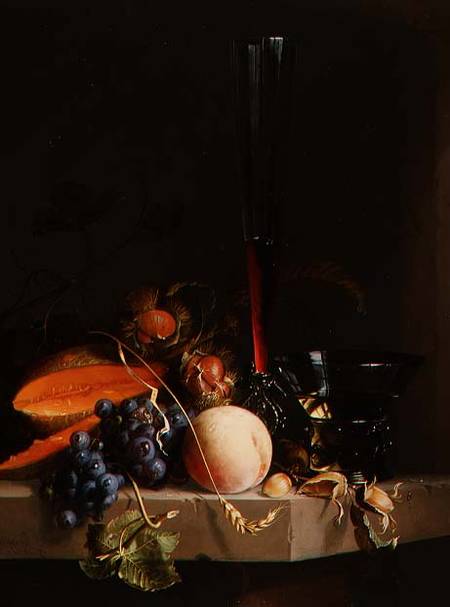 Still life of fruit on a ledge with a roemer and a wine glass de Jacob van Walscapelle
