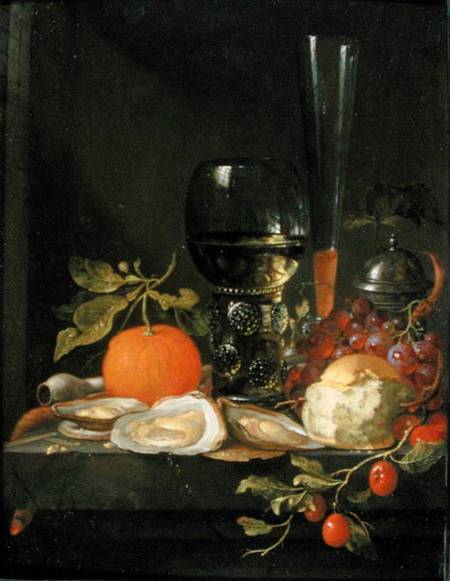 Still Life of Oysters, Grapes, Bread and Glasses on a Ledge de Jacob van Walscapelle