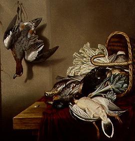 Quiet life with vegetable basket and duck plucked de Jacobus Biltius