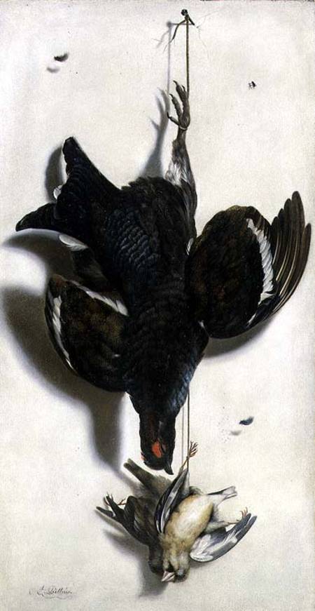 Trompe l'oeil of a black grouse and finches de Jacobus Biltius