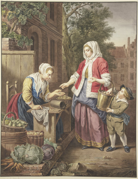 Eine Dame mit einem Knaben kauft Äpfel ein de Jacobus Buys