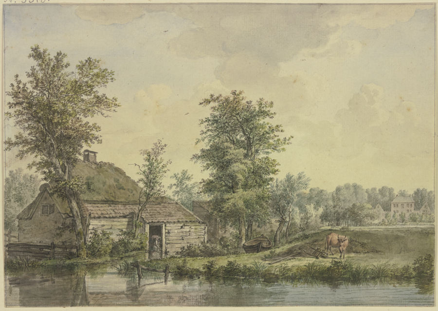Bauernhaus am Wasser, bei einem Schubkarren eine Kuh de Jacobus van Liender