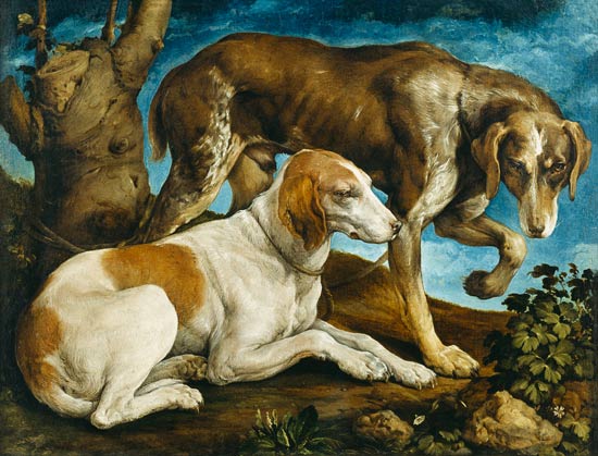 Two Hunting Dogs Tied to a Tree Stump de Jacopo Bassano