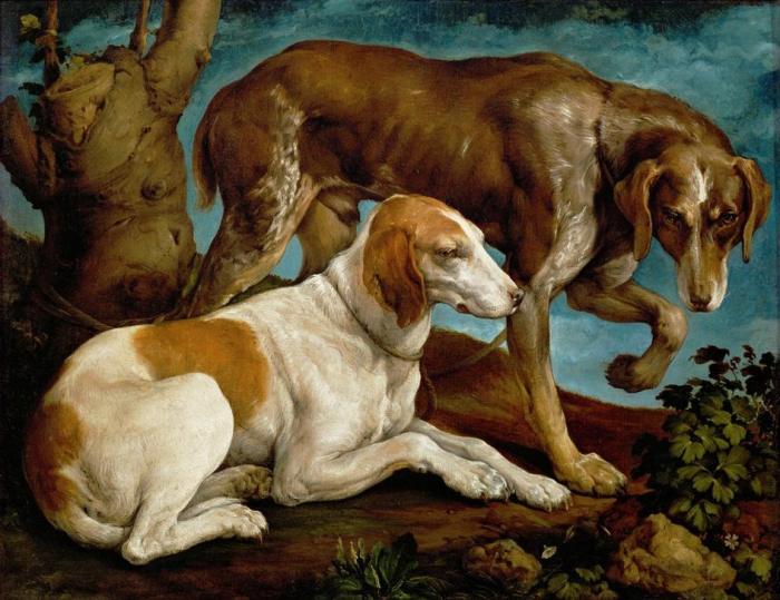 Zwei Jagdhunde, an einen Baumstumpf gebunden de Jacopo Bassano