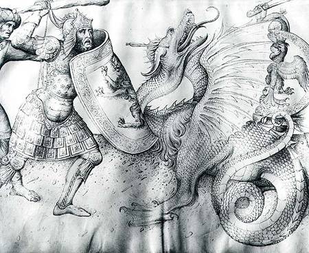 Battle between warriors and a dragon de Jacopo Bellini
