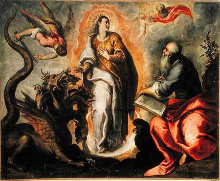 Woman fleeing the dragon de Jacopo Palma il Giovane