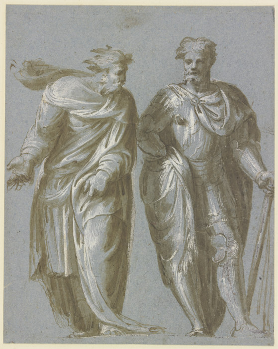 Zwei beieinander stehende Männer, der linke im Philosophenmantel mit weisender Geste, der rechte als de Jacopo Palma il Giovane