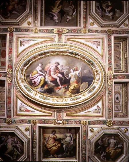 The 'Sala delle Muse' (Hall of the Muses) detail of the coffered ceiling decoration depicting Apollo de Jacopo Zucchi