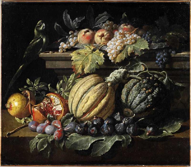 Fruchtstück mit Melonen, Weintrauben, Feigen, Granatäpfeln, Pfirsichen und einem Papagei. de Jacopo da (eigentlich Jacob van de Kerckhoven) Castello