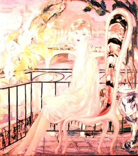 Portrait of Dolly Davis on a balcony in front of the old bridge of Alma de Jacqueline Marval