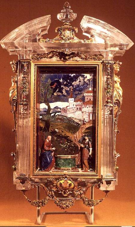Christ and the Samaritan, pietre dure panel by Cristofano Gaffuri (d.1626), set in a rock crystal fr de Jacques Byliveldt (1550-1603) and Bernadino Gaffuri