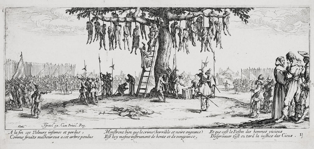 Les Miseres et les Mal-Heurs de la Guerre (Blatt 11): Die Gehenkten oder der Galgenbaum de Jacques Callot