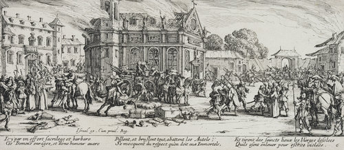 Les Miseres et les Mal-Heurs de la Guerre (Blatt 6): Die Zerstörung eines Klosters de Jacques Callot