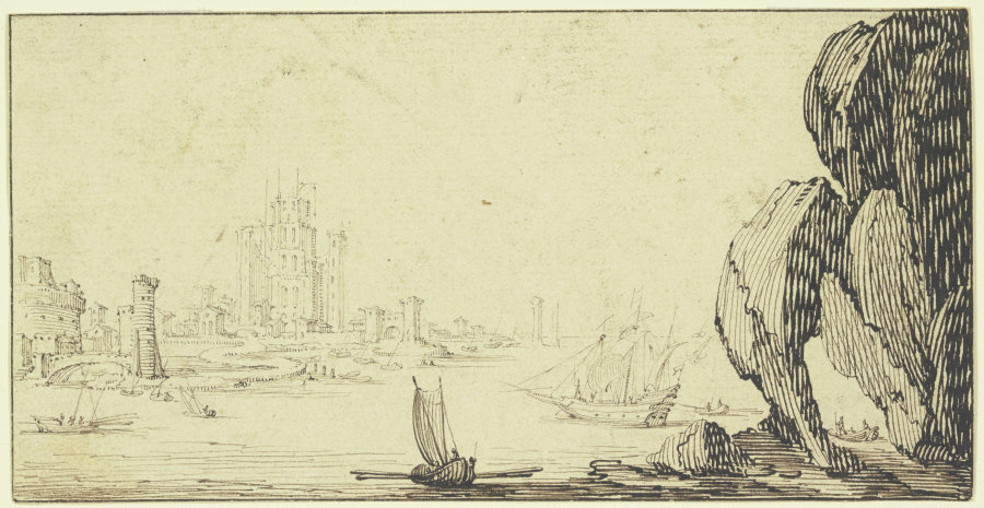 Seehafen mit Schiffen, rechts ein großer Felsen de Jacques Callot