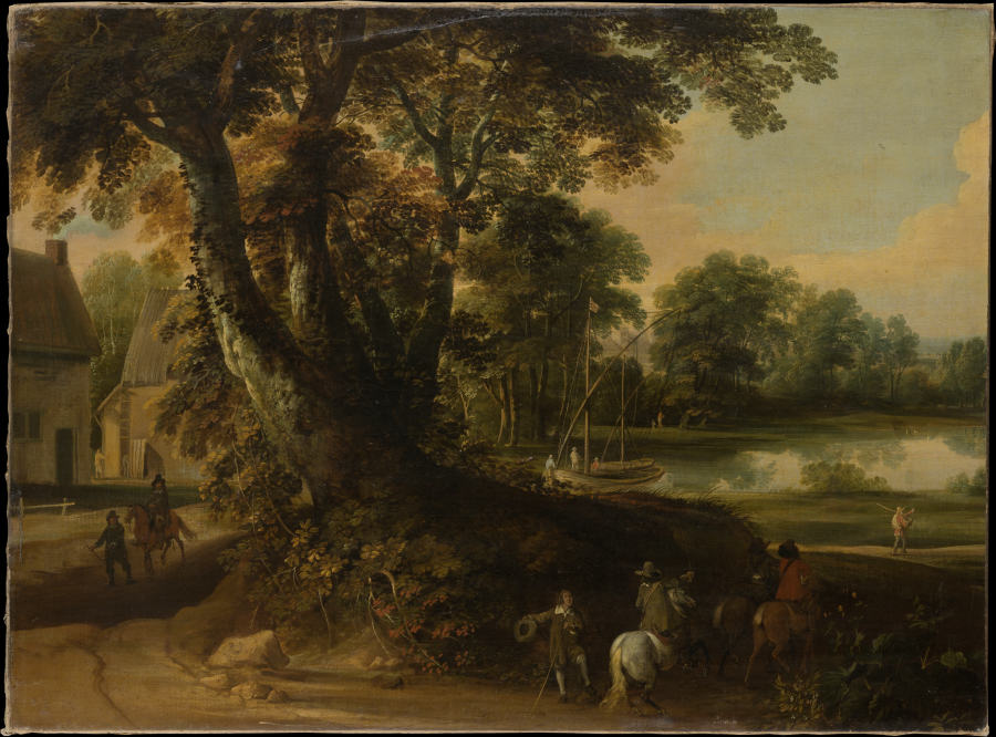 Landscape with a Group of Trees at the Shore of a Lake, Three Riders on the Road in the Foreground de Jacques d' Arthois