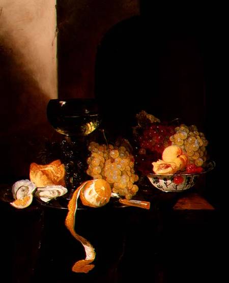 A Still Life with Fruit, a Peeled Lemon and a Roemer on a Ledge de Jacques de Claeuw