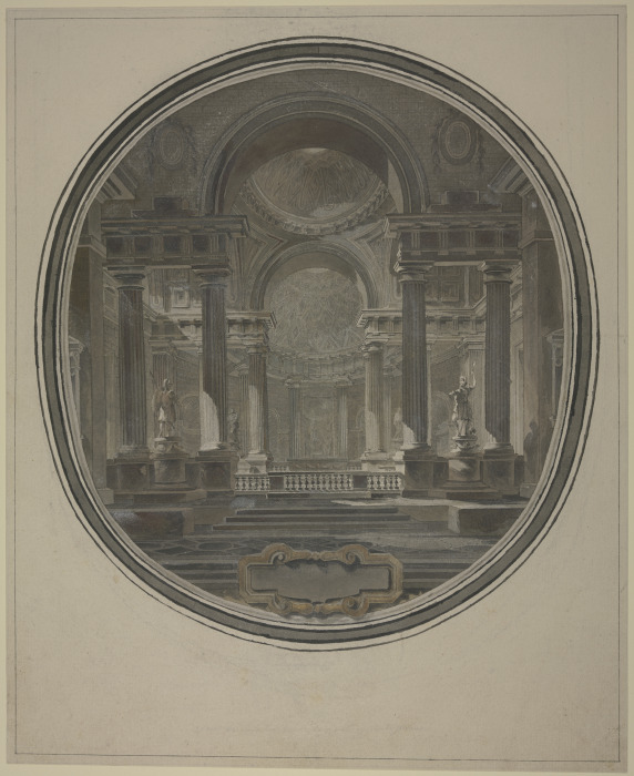 Blick in die Rotunde eines antiken(?) Tempels, unten eine leere Kartusche de Jacques-François Blondel