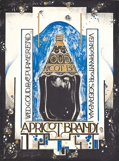 Poster advertising apricot brandy, for the wine and sherry seller Oud de Jacques Jongert