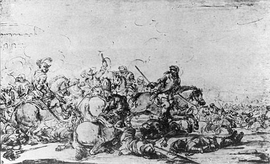 A Cavalry Battle (chalk, pen and ink on paper) de Jacques (Le Bourguignon) Courtois