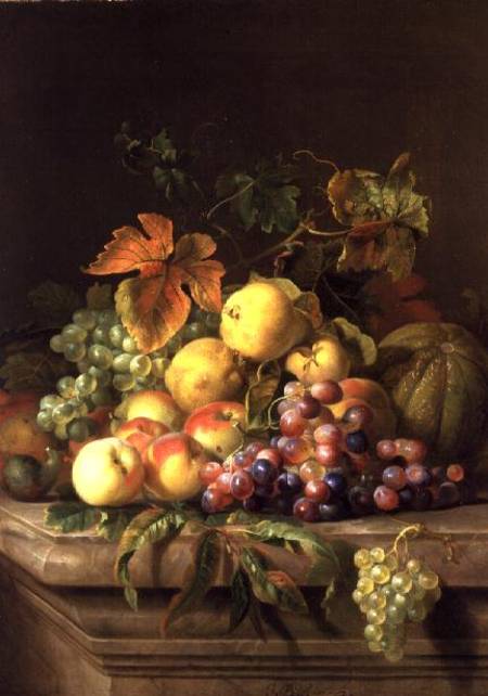 A Still Life of Melons, Grapes and Peaches on a Ledge de Jakob Bogdani or Bogdany