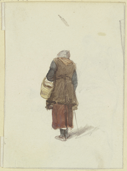 Altes Frau, einen Korb am Arm und einen Stock in der Hand von hinten gesehen de Jakob Furchtegott Dielmann