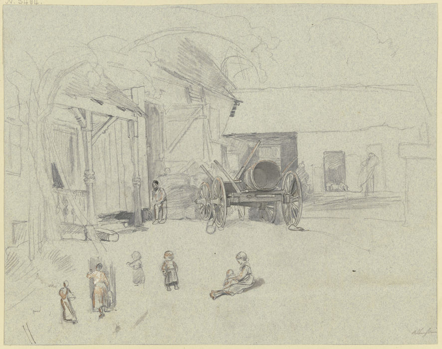 Bauernhof, links die Scheune, davor ein Wagen mit einer leeren Bütte, unten Entwürfe zu Frauen und K de Jakob Furchtegott Dielmann
