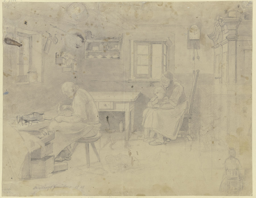 Bauernstube, links sitzt der Schuster an der Arbeit, rechts am Fenster die Frau mit dem Kind de Jakob Furchtegott Dielmann