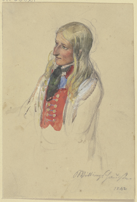 Brustbild einer jungen blonden Bäuerin in roter Weste und weißem Rock de Jakob Furchtegott Dielmann