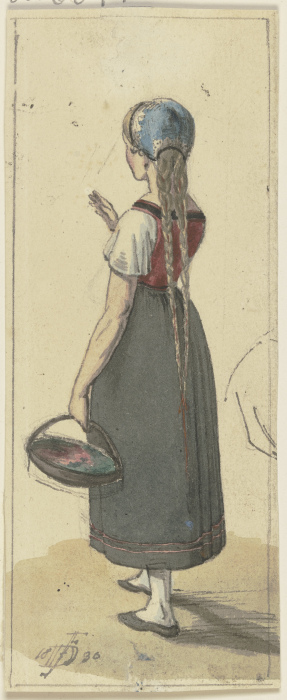 Ein Mädchen mit langen Zöpfen und einem Körbchen in Rückenansicht de Jakob Furchtegott Dielmann