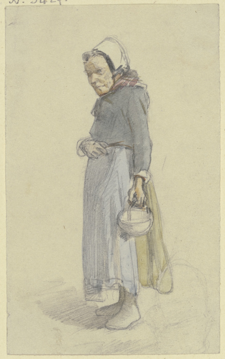 Eine alte Frau nach links gewandt, in der herabhängenden Linken ein Körbchen tragend de Jakob Furchtegott Dielmann