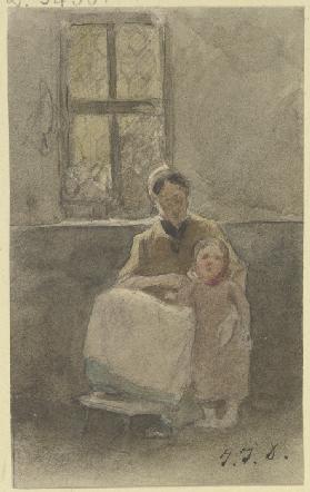 Eine Frau, an einem Fenster sitzend, hält ein neben ihr stehendes Kind