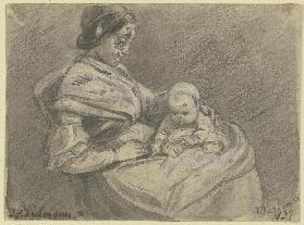 Junge Frau, auf dem Schoß ein kleines Kind haltend