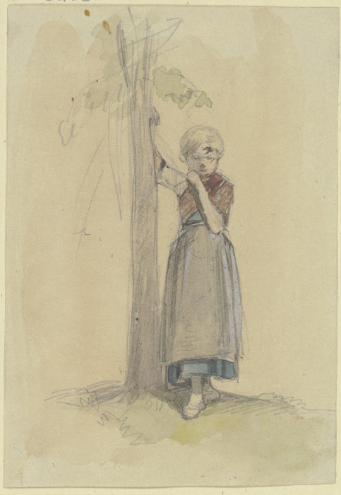 Kleines Mädchen, mit der rechten Hand sich an einen Baum lehnend, in nachdenklicher Haltung de Jakob Furchtegott Dielmann