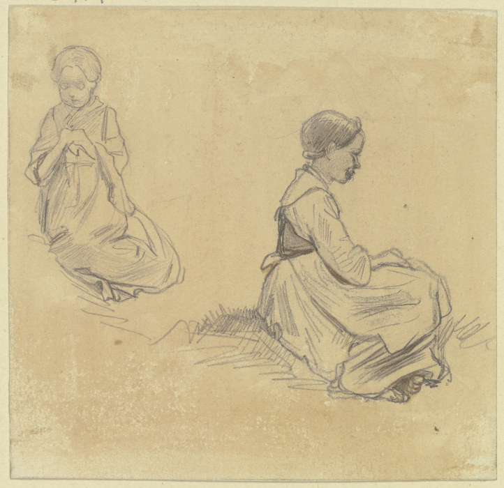 Studienblatt: Sitzendes strickendes Mädchen, rechts ein anderes, die Hände in den Schoß gelegt, im P de Jakob Furchtegott Dielmann