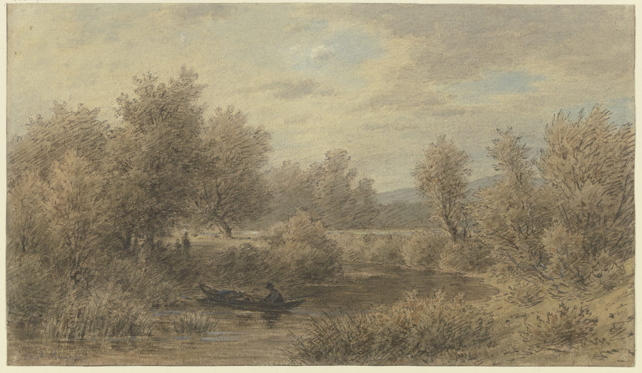 Ein Kahn mit einem Fährmann hält am Ufer (Motiv an der Nied) de Jakob Maurer
