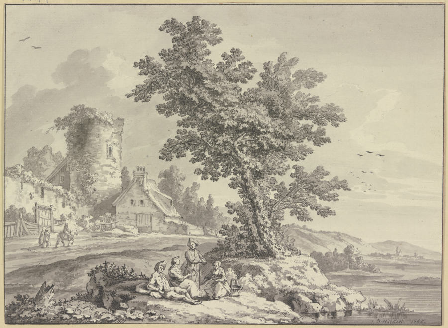Flusslandschaft, links ein Bauernhaus an dem Turm einer Stadtmauer, in der Bildmitte rasten vier Per de Jakob Philipp Hackert