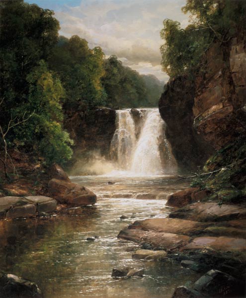A Wooded River Landscape with Waterfall de James Burrell Smith
