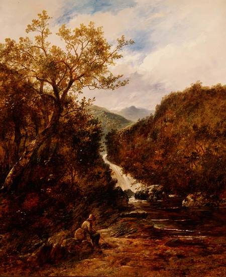 Angler by a Wooded Waterfall de James Charles Ward