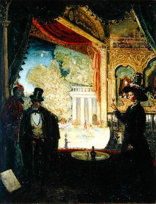 A Scene in a Theatre: A Performance Seen from a Box in which Three figures are Standing, 1908 (oil o de James Dickson Innes