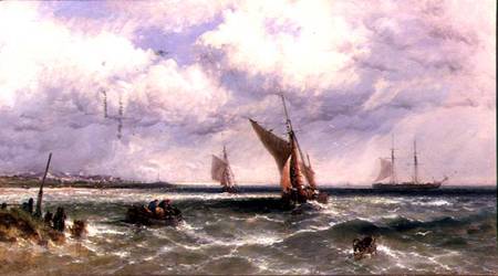 Fishing Boats Coming into Shore with a Two-Master at Anchor Beyond de James Edwin Meadows