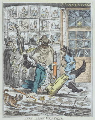 Very Slippy Weather, engraved by J. Sidebotham (colour litho) de James Gillray