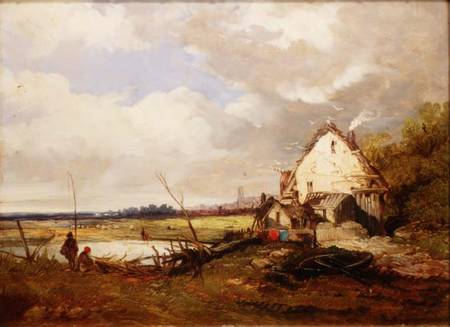 Anglers by a Cottage on a River Bank de James Holland